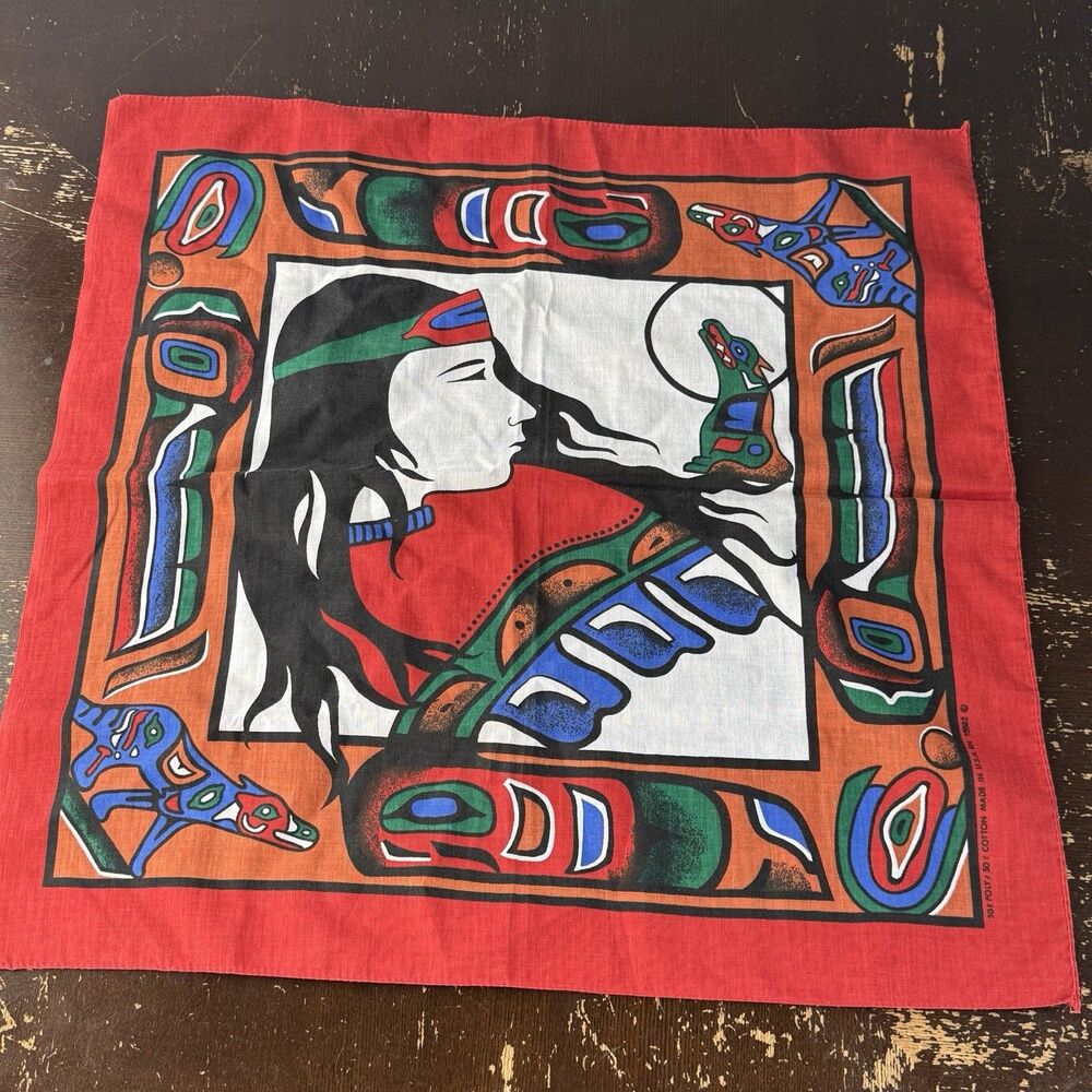 Vintage Red Native American Tribal Bandana 21x21 Made In USA 1980s Pacific NW